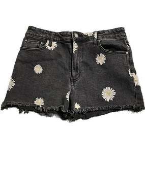 Timdeltown Black Daisy Embroidered Y2K Retro Raw Hem Festival Denim Shorts
